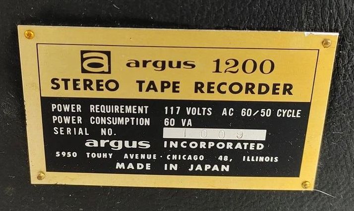 Argus model 1200 tape deck label